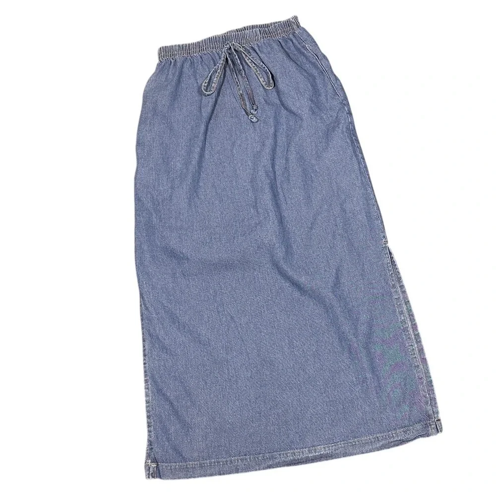 1990s Better Than Basic Denim Medium Maxi Skirt  Blue Modest Side Slit‎ Pockets
